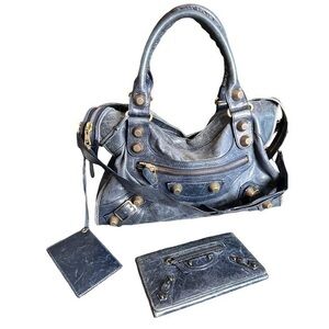 BALENCIAGA Moto Le City Giant Blue 
Lambskin Leather Handbag &  Wallet